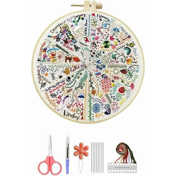 7.8-Inch Practice Embroidery Kit - Stamped Flower Pattern with Hoop, Color Threads, Tools & Follow Instruction DIY Hand Gifts for Adults & Embroidery