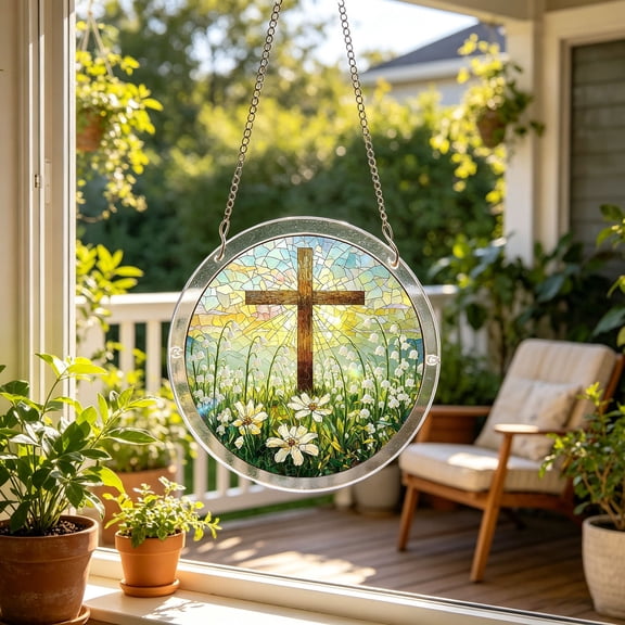7.8 Inch Stained Acrylic Cross and Wildflowers Suncatcher Christian Stained Acrylic Windows Hanging Flower Cross Gift for Religious Easter Faith Christian Gifts Religious Home Decor