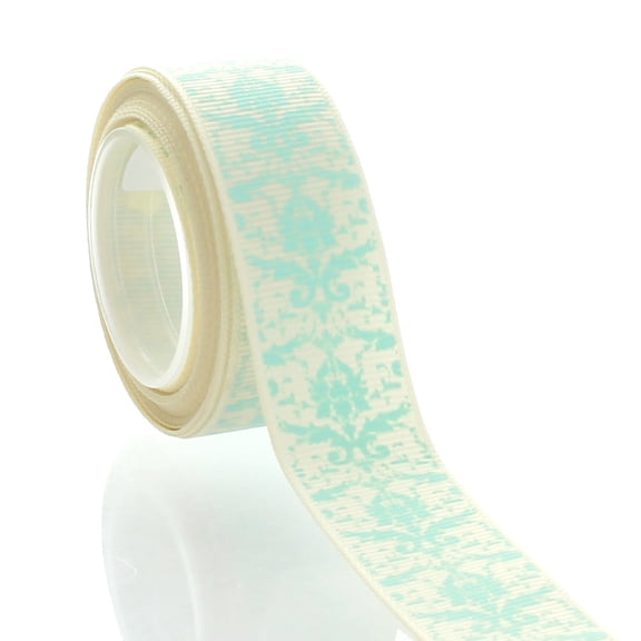 7/8" Ivory w/ Aqua Damask Grosgrain Ribbon 5 Yard