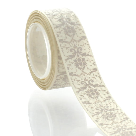 7/8" Ivory w/ Taupe Damask Grosgrain Ribbon 5 Yard