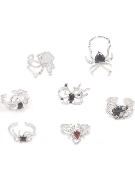 7/8 Pcs Gothic Spider Vintage Silver Knuckle Rings Set Adjustable Open Stackable Statement Ring,Punk Butterfly Animals Cross Heart Red Gemstone Y2K Ring Halloween Jewelry for Women