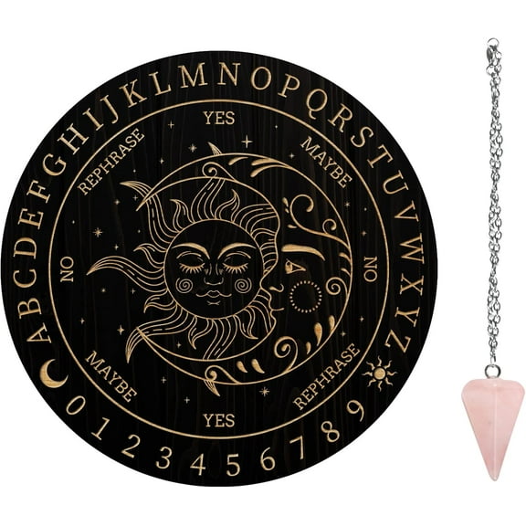 7.8" Pendulum Board Sun Moon Wooden Dowsing Planchette with Rose Quartz Dowsing Pendulums Divination Tools DIY
