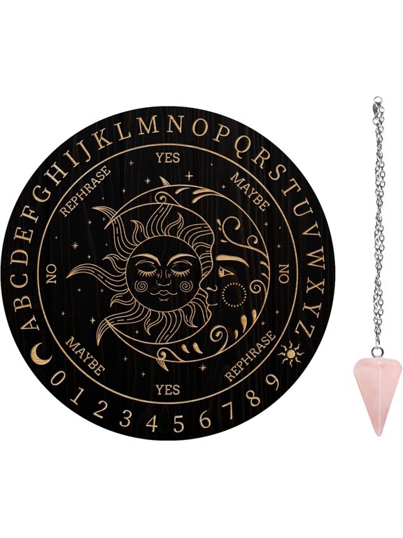 7.8" Pendulum Board Sun Moon Wooden Dowsing Planchette with Rose Quartz Dowsing Pendulums Divination Tools for Spirit Decoration for DIY