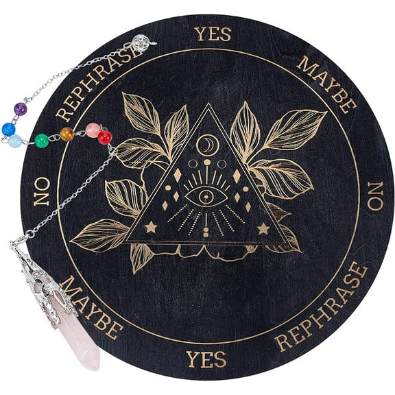 7.8" Pendulum Board Wooden Dowsing Planchette with Rose Quartz Dowsing Pendulums Divination Tools for Spirit Decoration - Eye of Providence Leaf Moon DIY