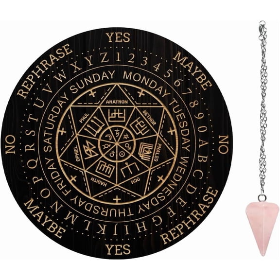 7.8" Pendulum Board Wooden Dowsing Planchette with Rose Quartz Dowsing Pendulums Divination Tools for Spirit Decoration - Seal of The Seven Archangels