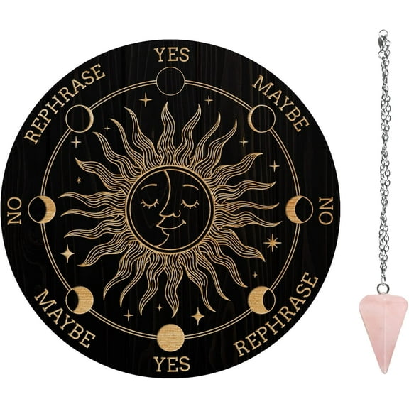7.8" Pendulum Board Wooden Dowsing Planchette with Rose Quartz Dowsing Pendulums Divination Tools for Spirit Decoration - Sun Embraces Moon DIY Making