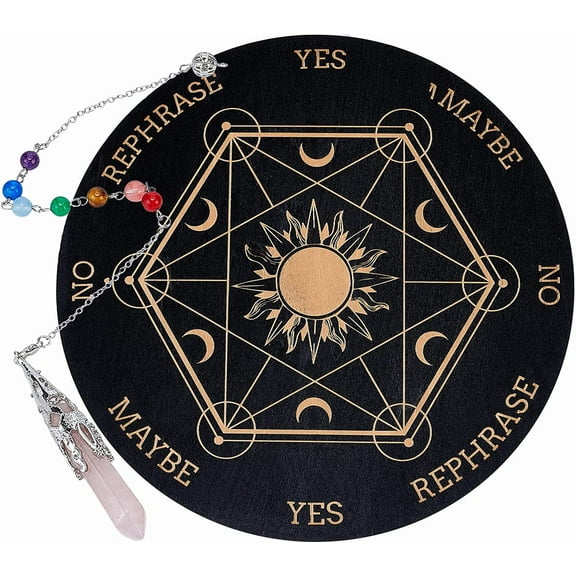 7.8" Pendulum Board Wooden Dowsing Planchette with Rose Quartz Dowsing Pendulums Divination Tools for Spirit Decoration - Hexagram Sun Moon for DIY