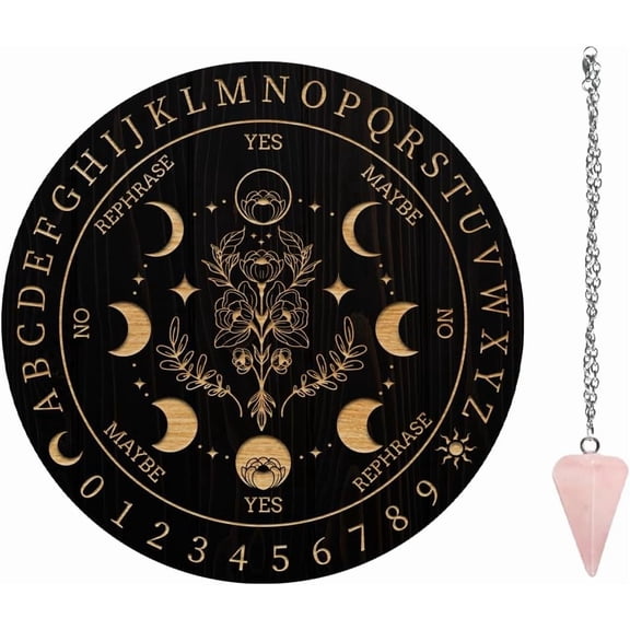 7.8" Pendulum Board Wooden Dowsing Planchette with Rose Quartz Dowsing Pendulums Divination Tools for Spirit Decoration - Moon Phases & Flower
