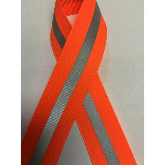 7/8" Reflective Glo Grosgrain - 1/4" 3M Scotchlite Silver Reflective Stripe + Custom Zipperstop Ribbon (10 yards, Neon Orange)