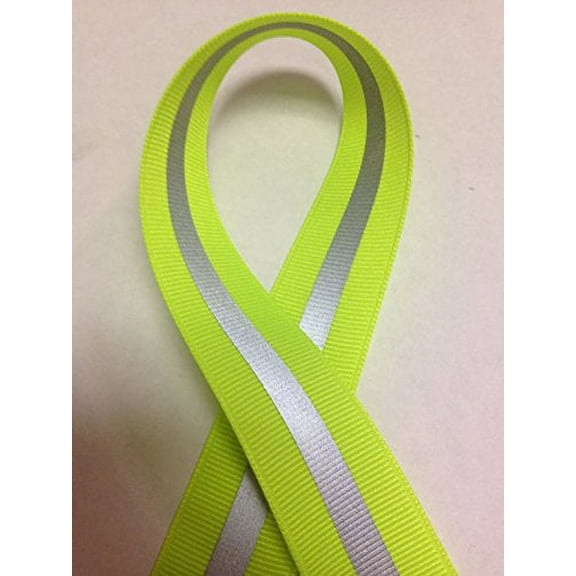 7/8" Reflective Glo Grosgrain - 1/4" 3M Scotchlite Silver Reflective Stripe + Custom Zipperstop Ribbon (5 yards, Neon Lime)