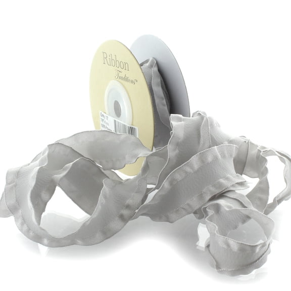 7/8" Satin Double Ruffle Ribbon 007 Gray 25 Yard