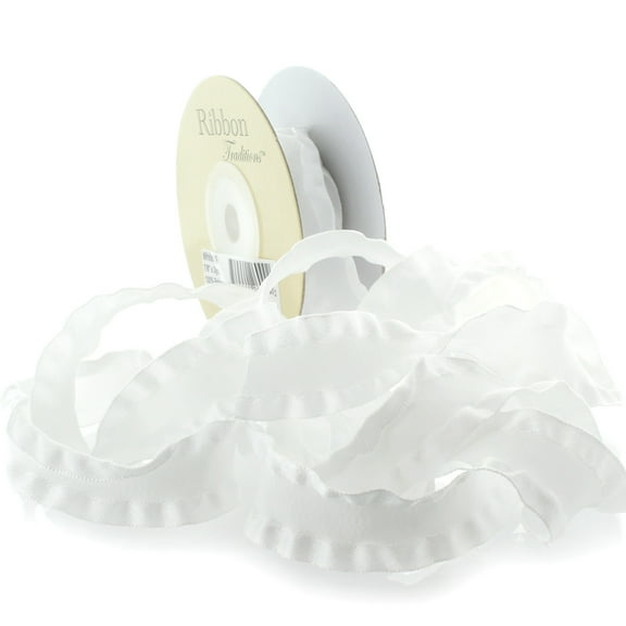 7/8" Satin Double Ruffle Ribbon 029 White 3 Yard