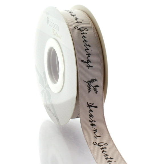 7/8" Season's Greetings Pine Sprigs Beige Grosgrain Ribbon 5 Yard