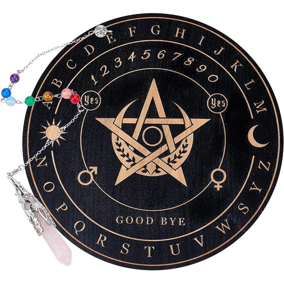 7.8" Star Pendulum Board Wooden Dowsing Planchette with Rose Quartz Dowsing Pendulums Divination Tools for Spirit Decoration - Pentagram Sun Moon
