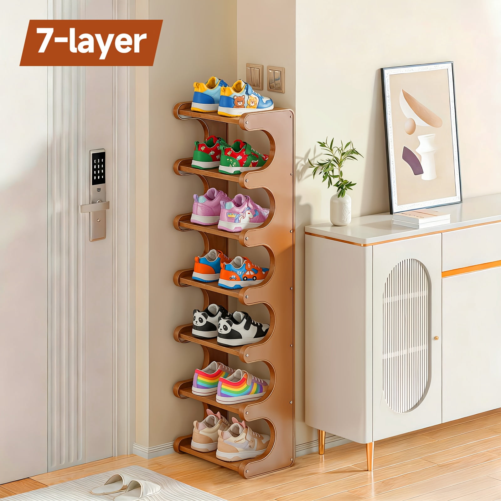 7 & 8 Tier Bamboo Wood Grain Square Shoe Rack, Anti-Wobble Freestanding Vertical Shelf, Easy Assembly Space-Saving Storage for Entryway/Dorm, Spring Household Organizer, Brown