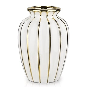 7.8" White Ceramic Flower Vase with Gold-Edge Modern Wave Vase Ribbed Textured Flower Vase for Home Decor Table Centerpiece
