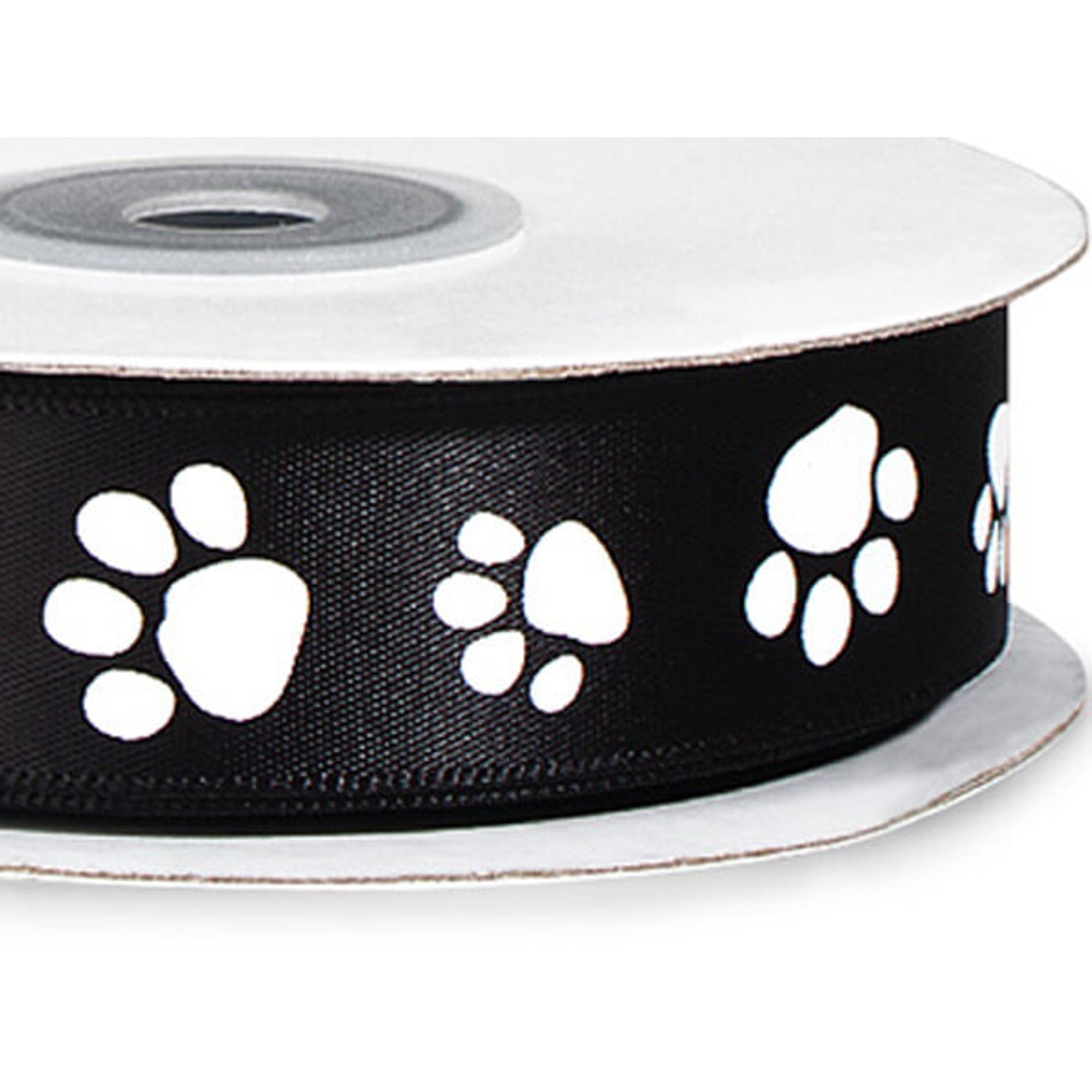 7/8" Wide White Paw Print on Black Single Faced Satin Ribbon - 25 Yards (sf5bk)
