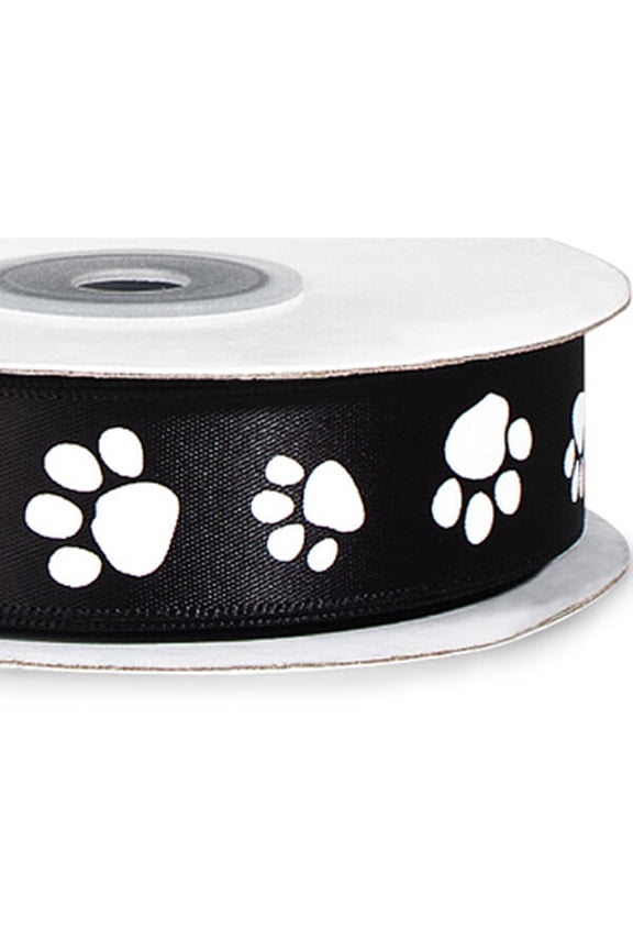 7/8" Wide White Paw Print on Black Single Faced Satin Ribbon - 25 Yards (sf5bk)