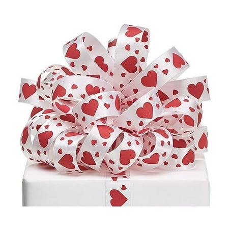 7/8" Width Red Hearts On White Satin Ribbon - 20 Yards (Not Wired)