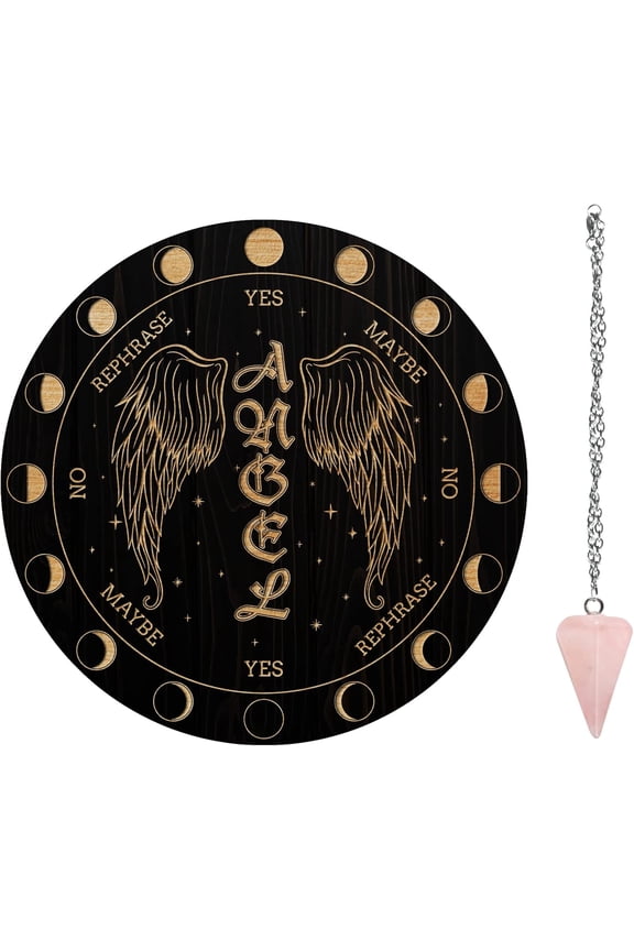 7.8" Witch Pendulum Board, Angel Wings Wooden Dowsing Planchette with Rose Quartz Crystal Dowsing Pendulums Witchcraft Divination Tools Mixed Color DIY