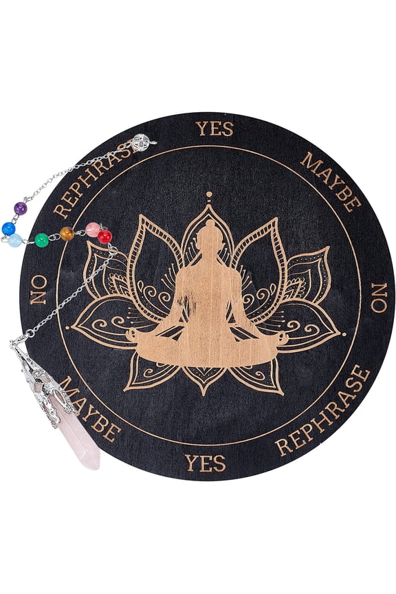 7.8" Witch Pendulum Board Wooden Dowsing Planchette with Rose Quartz Crystal Dowsing Pendulums Witchcraft Divination Tools for Spirit Altar Decoration - Lotus Buddha