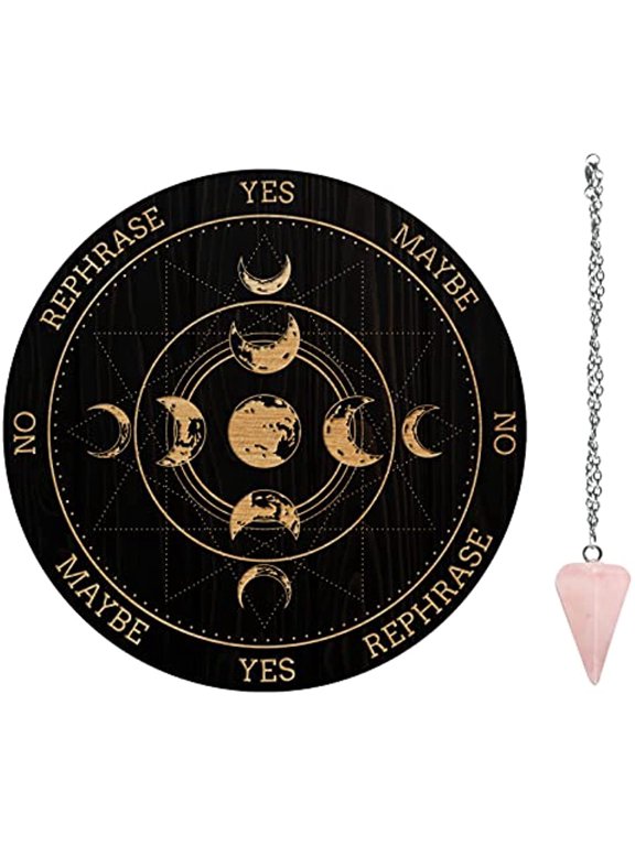 7.8" Witch Pendulum Board Wooden Dowsing Planchette with Rose Quartz Crystal Dowsing Pendulums Witchcraft Divination Tools for Spirit Altar Decoration - Moon Phase Track