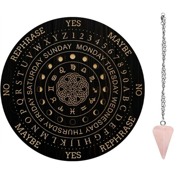 7.8" Witch Pendulum Board Wooden Dowsing Planchette with Rose Quartz Crystal Dowsing Pendulums Witchcraft Divination Tools for Spirit Altar Decoration - Moon Phases & Constellation DIY