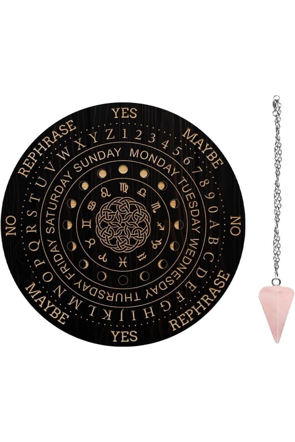 7.8" Witch Pendulum Board Wooden Dowsing Planchette with Rose Quartz Crystal Dowsing Pendulums Witchcraft Divination Tools for Spirit Altar Decoration - Moon Phases & Constellation DIY