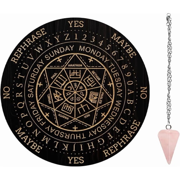 7.8" Witch Pendulum Board Wooden Dowsing Planchette with Rose Quartz Crystal Dowsing Pendulums Witchcraft Divination Tools for Spirit Altar Decoration - Seal of The Seven Archangels