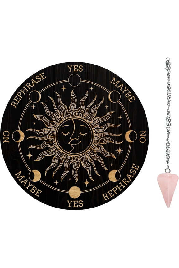 7.8" Witch Pendulum Board Wooden Dowsing Planchette with Rose Quartz Crystal Dowsing Pendulums Witchcraft Divination Tools for Spirit Altar Decoration - Sun Embraces Moon