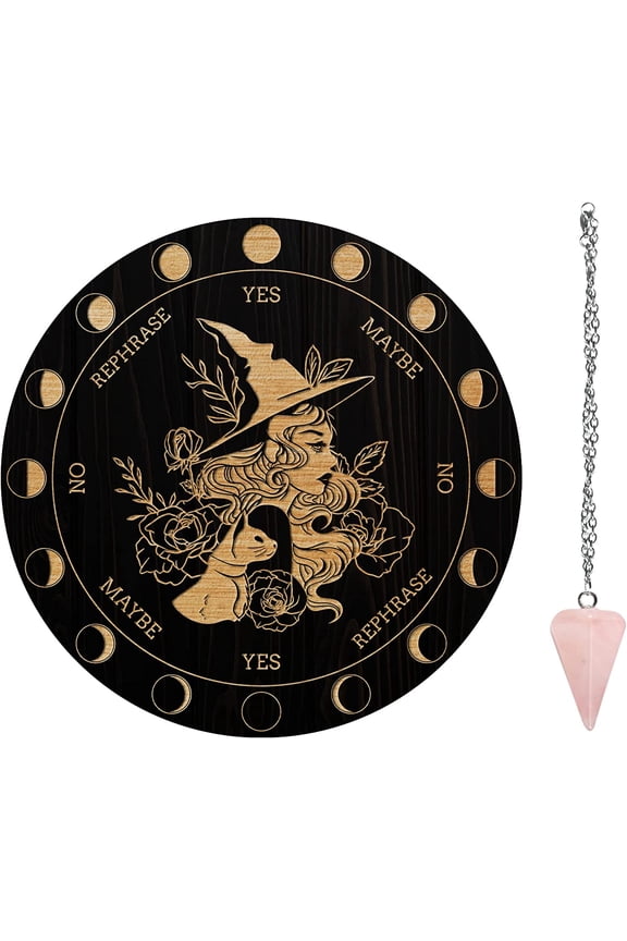 7.8' Witch Pendulum Board Wooden Dowsing Planchette with Rose Quartz Crystal Dowsing Pendulums Witchcraft Divination Tools for Spirit Altar Decoration - Witch Cat (AJEW-GA0004-66H-US20) DIY