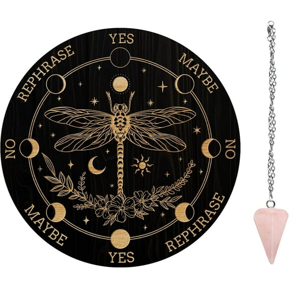 7.8" Witch Pendulum Board Wooden Dowsing Planchette with Rose Quartz Crystal Dowsing Pendulums Witchcraft Divination Tools for Spirit Altar Decoration