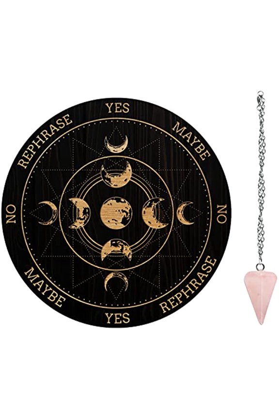 7.8" Witch Pendulum Board Wooden Dowsing Planchette with Rose Quartz Crystal Dowsing Pendulums Witchcraft Divination Tools for Spirit Altar Decoration - Moon Phase Track