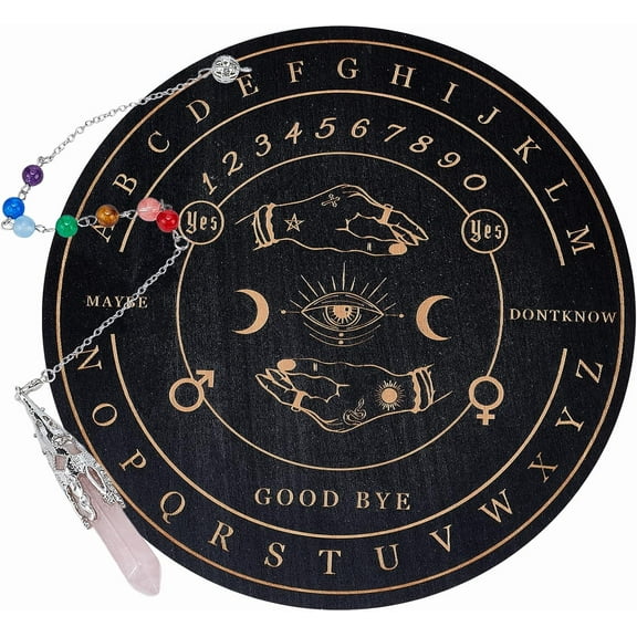 7.8" Witch Star Pendulum Board Wooden Dowsing Planchette with Rose Quartz Crystal Dowsing Pendulums Witchcraft Divination Tools for Spirit Altar Decoration - Hand Eye Moon DIY