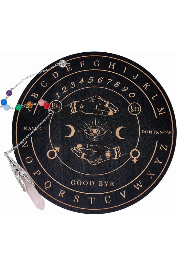 7.8" Witch Star Pendulum Board Wooden Dowsing Planchette with Rose Quartz Crystal Dowsing Pendulums Witchcraft Divination Tools for Spirit Altar Decoration - Hand Eye Moon DIY