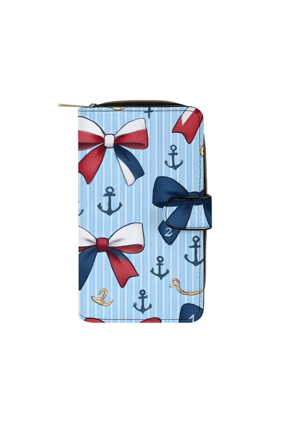 7.8 X 4.3 In Multi-Functional Leather Wallet Durable Soft And Comfortable Small Size Easy To Carry Nautical Theme Ribbon Bow Pattern