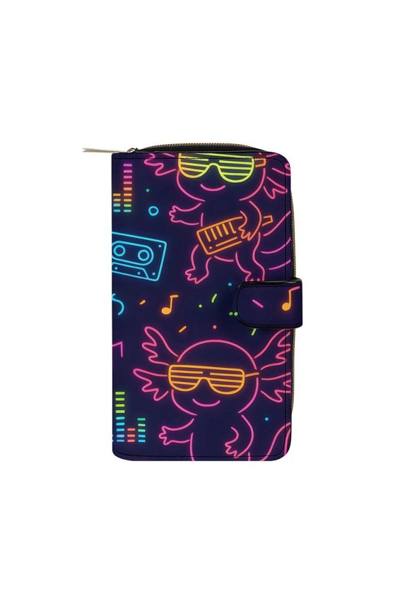 7.8 X 4.3 In Multi-Functional Leather Wallet Durable Soft And Comfortable Small Size Easy To Carry Neon Party Axolotls - 80s Synthwave