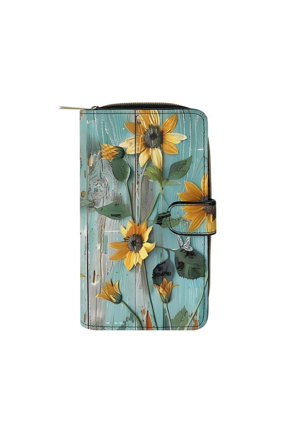 7.8 X 4.3 In Multi-Functional Leather Wallet Durable Soft And Comfortable Small Size Easy To Carry Turquoise Wood Farmhouse Sunflowers (8)