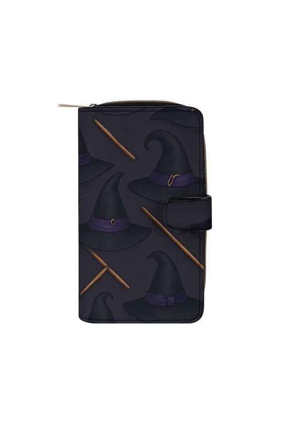 7.8 X 4.3 In Multi-Functional Leather Wallet Durable Soft And Comfortable Small Size Easy To Carry Witch Hat And Broomstick Halloween Pattern