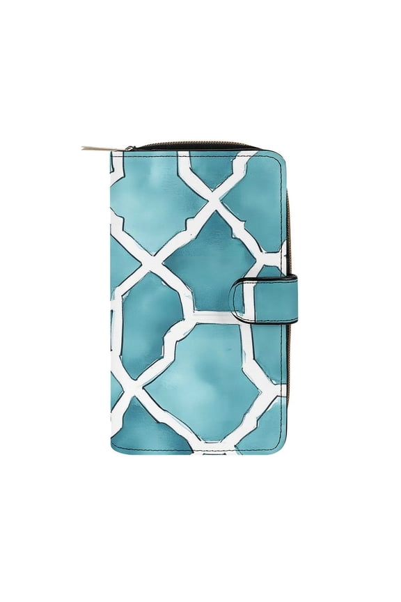 7.8 X 4.3 In Multi-Functional Leather Wallet Durable Soft And Comfortable Small Size Easy To Carry Turquoise Moroccan Trellis Hand-drawn Sketch_62922_1
