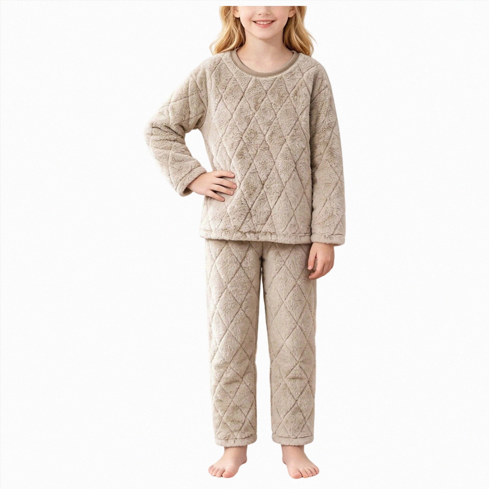 7-8 Years Big Girls 2 Piece Fleece Pajama Set Diamond Quilted Long ...