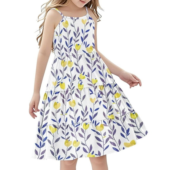 7-8 Years Dress for Girls Kids Cotton Sleeveless Print Flower Dresses Cute Pattern Outfit Summer Spring Fashion Clothes School Birthday Party Toddler Age 3-14