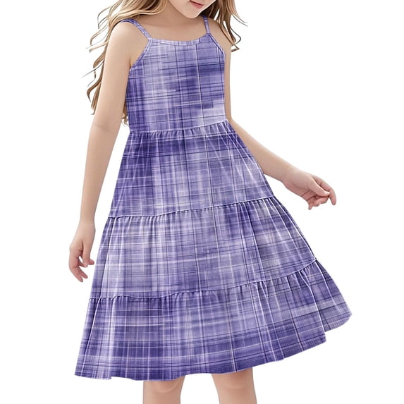 7-8 Years Girl's Dresses Cotton Sleeveless Tiered Swing A-Line Cute Midi Casual Sundress