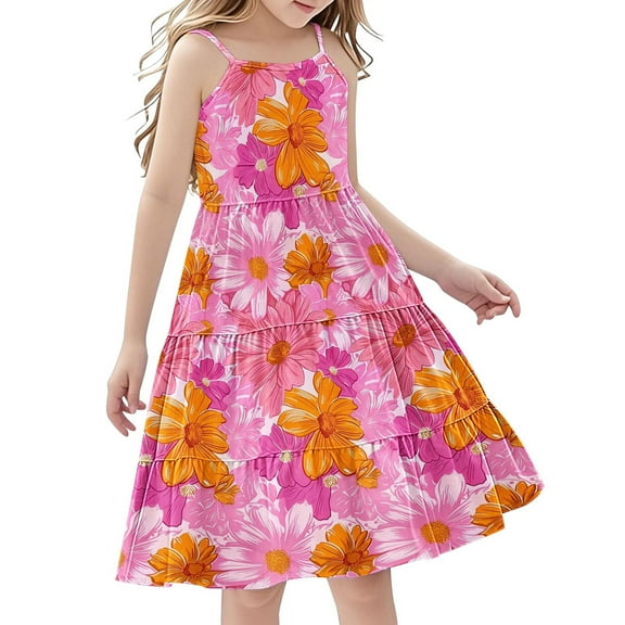 7-8 Years Girl's Summer Dresses Spaghetti Strap Swing Pleated Cotton Dress Tween Kids Boho Beach Casual Midi Sundress for Princess Birthday Party Wedding Prom Gown