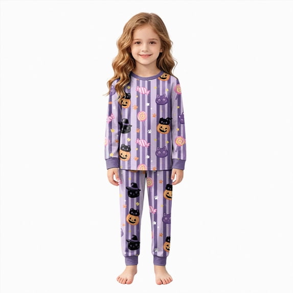 7-8 Years Girls And Boys Halloween Set Halloween Print Long Sleeved Homewear Party Boys Girls Halloween Pajama Costumes Light Purple Halloween Clothing
