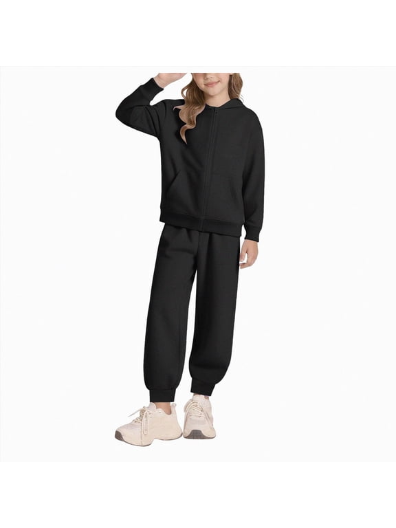 7-8 Years Toddler Jogging Suit Girls Boys 2 Piece Sportswear Kids Zip Hoodie Jogging Bottoms Outfit Plain Warm Tracksuit Sports Suit Sets School Clothing Sets Black Girl Winter Set