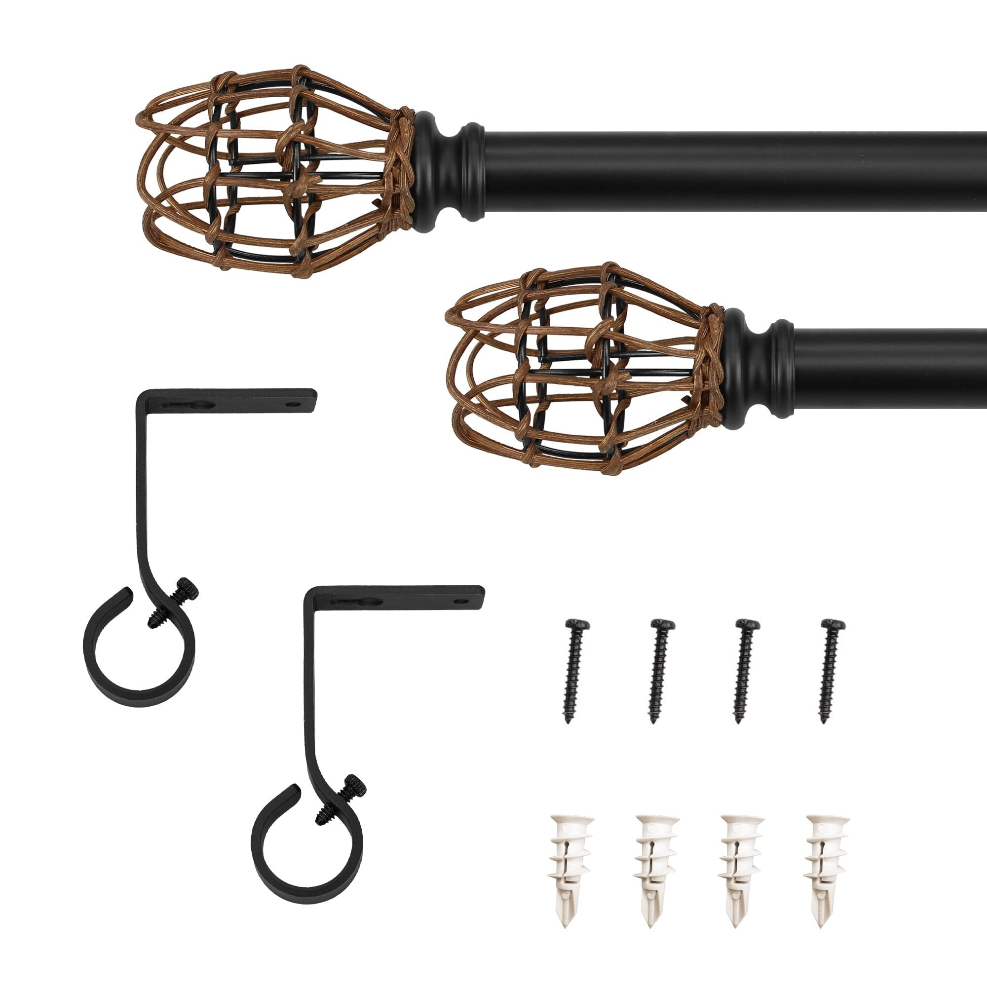 7/8" dia. Single Curtain Rod Set with Vine Woven Tulipa _Matte Black 36"-66" - Black
