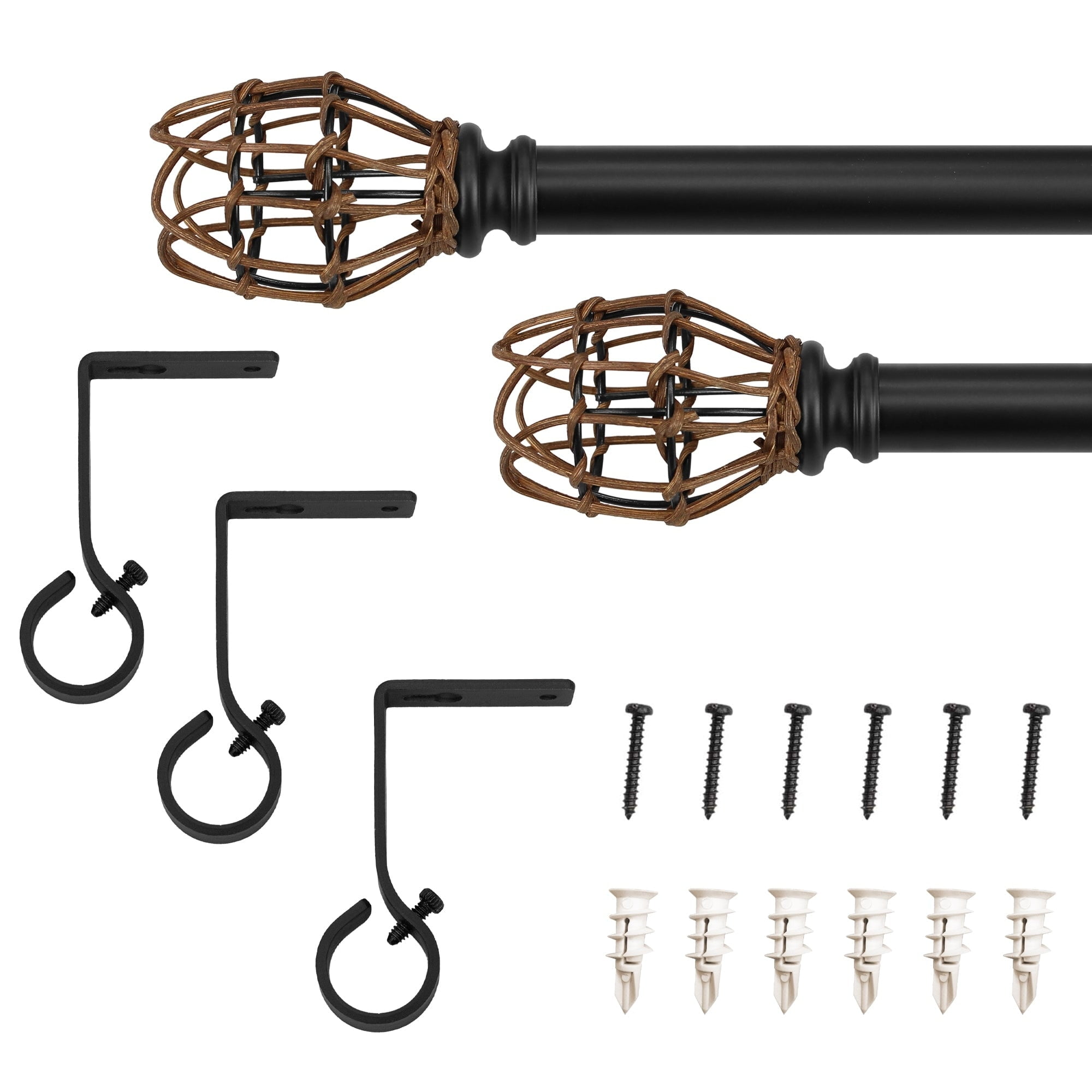 7/8" dia. Single Curtain Rod Set with Vine Woven Tulipa _Matte Black 66"-120" - Black