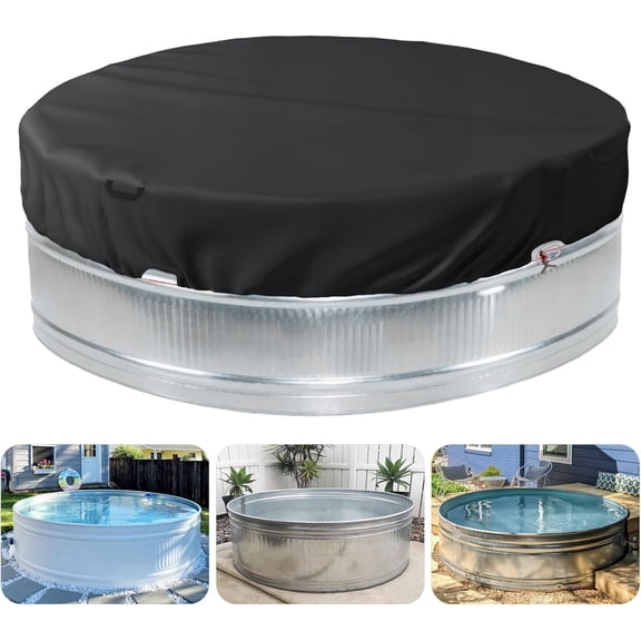 7-8 ft Steel Round Stock Tank Pool Cover - Heavy Duty Waterproof Covers for Trough Pool, Wire Rope & Winch Design Increase Stability - Black