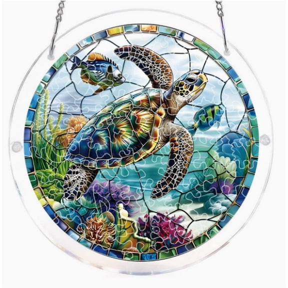 7.8-inch Acrylic Puzzle Suncatcher, Sea Turtle Jigsaw DIY Kit for Adults, Stained Glass Style Window Hanging Ornament